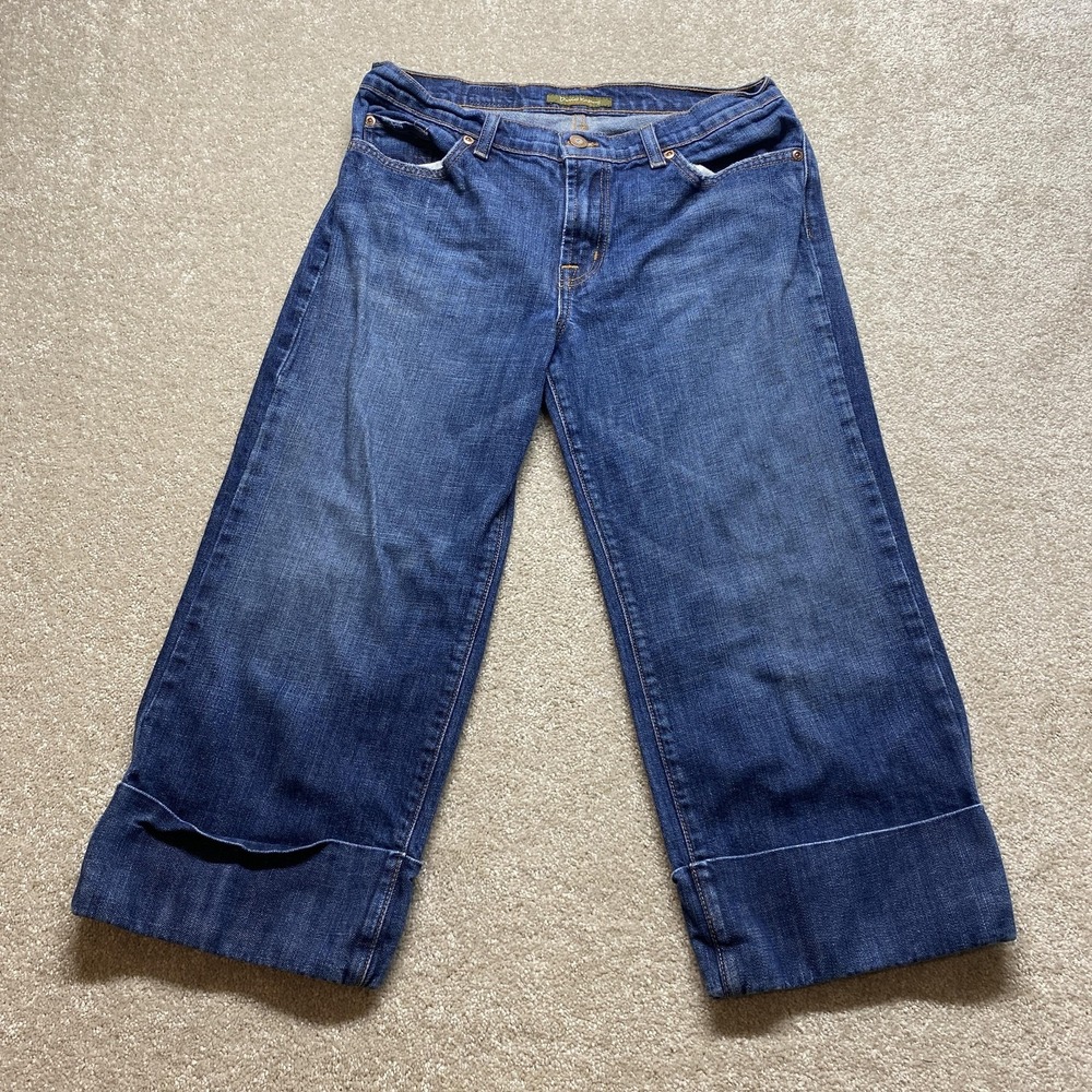 David Kahn Jeans Womens 10 Blue Wide Leg Cuffed Denim Mid Rise Made USA Pockets‎